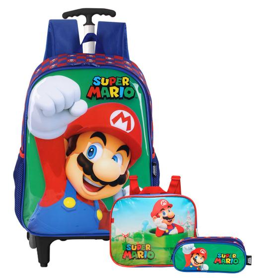 Imagem de Mochila Mario Bros Rodinhas Lancheira Térmica Estojo Duplo