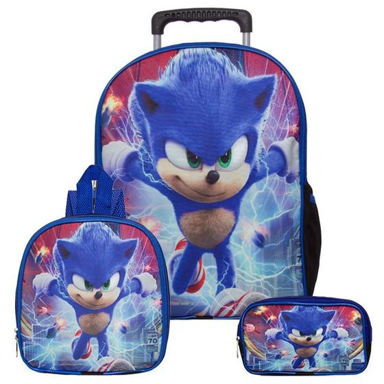 Imagem de Mochila Masculina Escolar Rodinha Sonic + Lancheira E Estojo