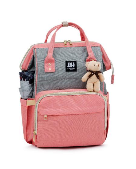 Imagem de MOCHILA MATERNIDADE BH TRAVEL COM URSINHO - Rosa e Cinza