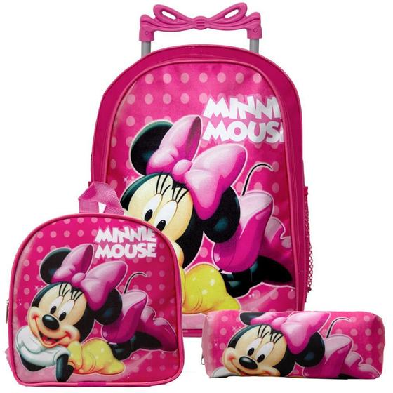 Imagem de Mochila Menina Infantil Minnie Rodinha Lancheira Estojo