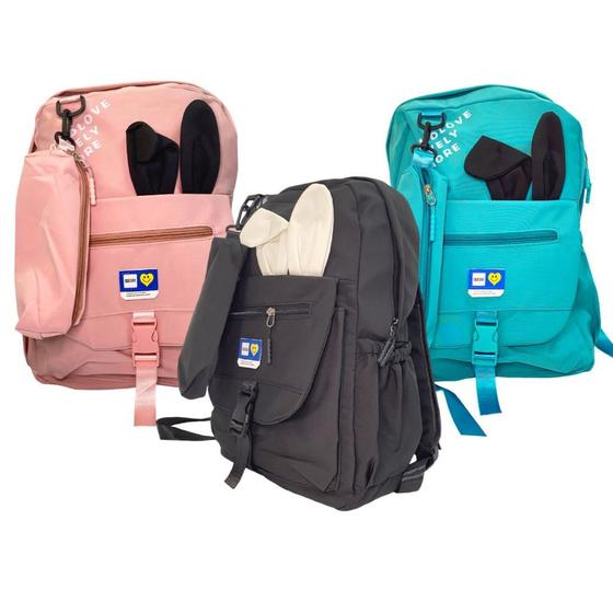 Imagem de Mochila nylon com estojo orelhas de coelhinho escola/viagem  duravel