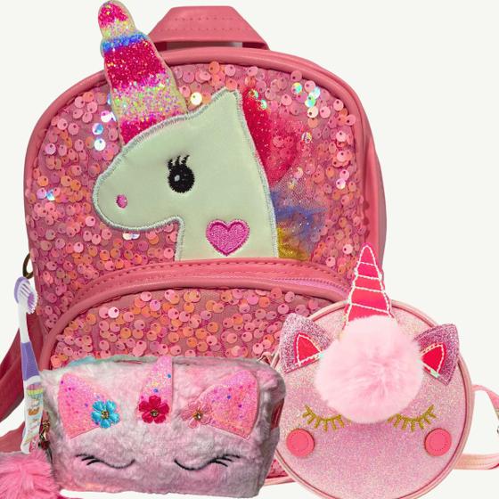 Imagem de Mochila Paetê com Bolsa Transversal Infantil Unicórnio