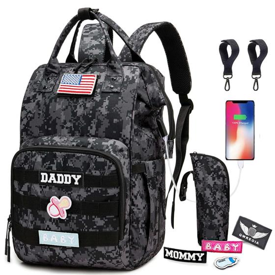 Imagem de Mochila para Fraldas QWREOIA Camo - Com Porta USB para Papais e Mamães