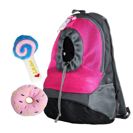 Imagem de Mochila Pet Canguru Rosa Cachorro Gato + Mordedores Pelúcia