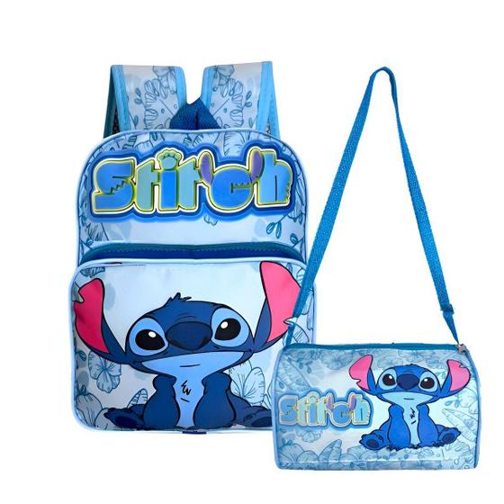 Imagem de Mochila Reforçada Lillo Stitch Kit 2Pçs Bolsa Alça Transversal Espaçosa Lancheira Necessaire Mochilinha Juvenil Infantil