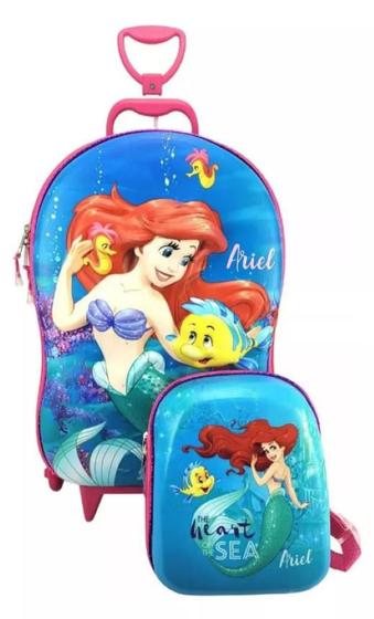 Imagem de Mochila Rodinha 3d Lancheira Pequena Sereia Ariel Maxtoy