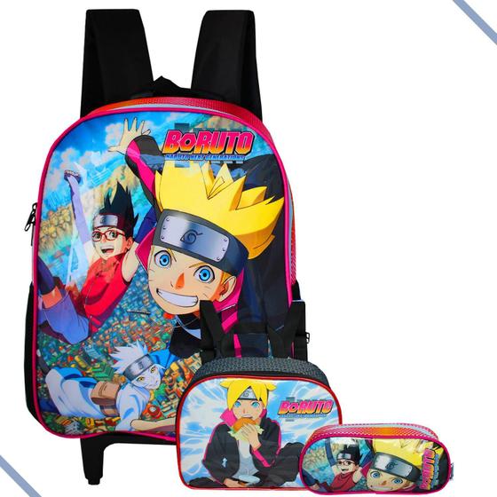 Imagem de Mochila Rodinha Boruto + Estojo Naruto + Lancheira Rosa