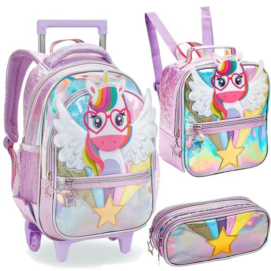 Imagem de Mochila Rodinha Unicórnio Kit Menina Escolar Estojo