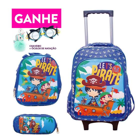 Mochila Rodinhas Lancheira Estojo Pirata Azul Volta as Aulas Criança Escolar Menino Menor preço em Mochila Rodinhas Lancheira Estojo Pirata Azul Volta as Aulas Criança Escolar Menino