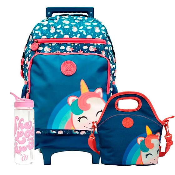 Imagem de Mochila Rodinhas Unicornio + Lancheira + Garrafinha Rosa