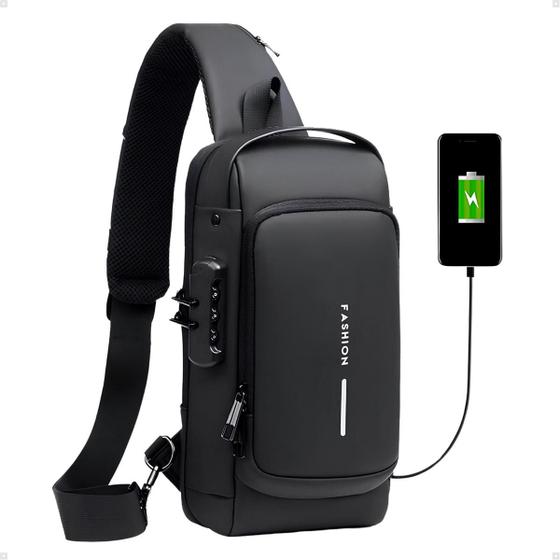 Imagem de Mochila Shoulder Bag Transversal Impermeável Com Cadeado E Usb Bolsa Tiracolo Pochete À Prova D'água