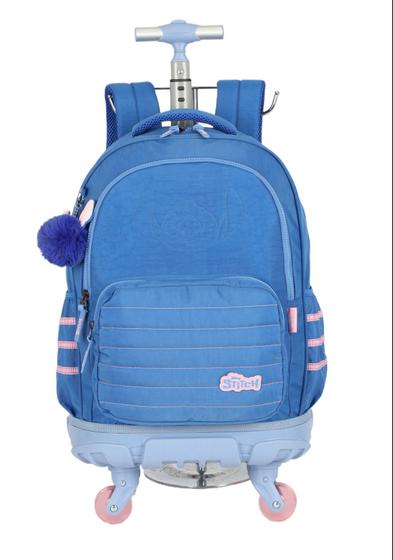 Imagem de Mochila stitch com carrinho 360 graus azul reforçada 