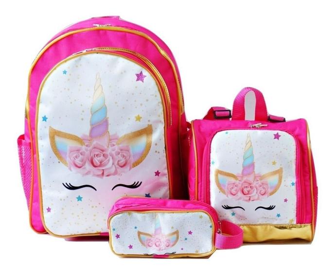 Imagem de Mochila Unicornio Flores Costas Lancheira Estojo Rosa