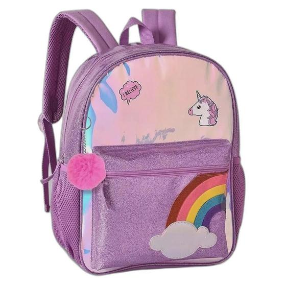 Imagem de Mochila Unicórnio Holográfica Arco Iris Infantil Com Pompom