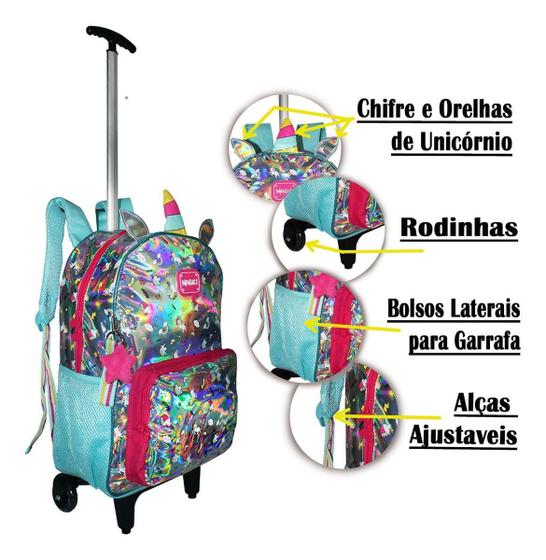 Imagem de Mochila Unicórnio Holográfica Clio Com Rodinhas 41cm