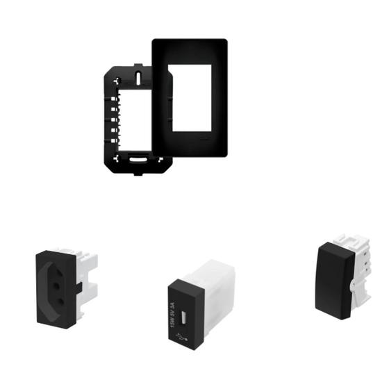 Imagem de Mód. Tomada USB + Mód. Tomada 10A + Mód. Interruptor Paralelo + Placa 3 Mód. 4x2 Habitat Black - Fame