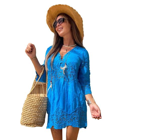 Imagem de Moda Praia Feminina Chemise /Saida de Praia Chic Boho Elegante /Veestido Renda Bata  2814