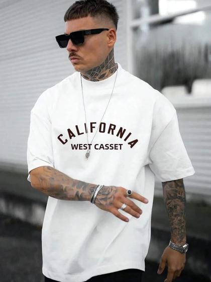 Imagem de Moda Verão Masculina Camiseta Inglês Carta Impressão Casual Solto Algodão Streetwear 2024