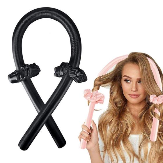 Imagem de Modelador de Cachos Cabelo Curling Rod Cetim Sem Calor + 2 Scrunchies