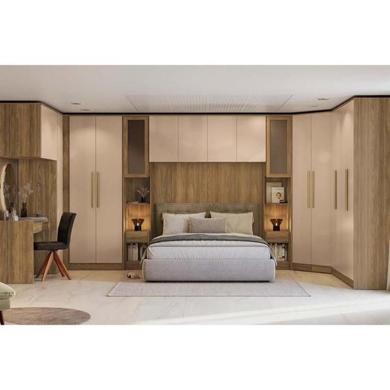 Imagem de Modulado de Quarto Adapt 10 Peças Quarto Casal (6 Armários + 2 Pontes Aéreas + 1 Escrivaninha + 1 Complemento) QCM139 Nogueira/Macadamia - Kappesberg