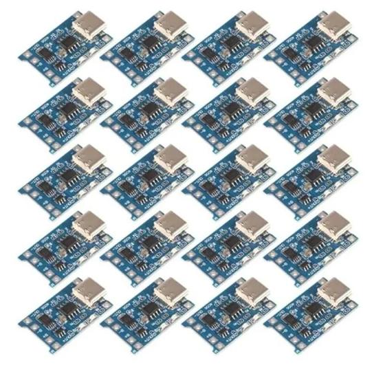 Imagem de Módulo de Carregamento de Bateria de Lítio TP4056 1A 5V - 20 Peças - com Interface USB Tipo-C e Proteção