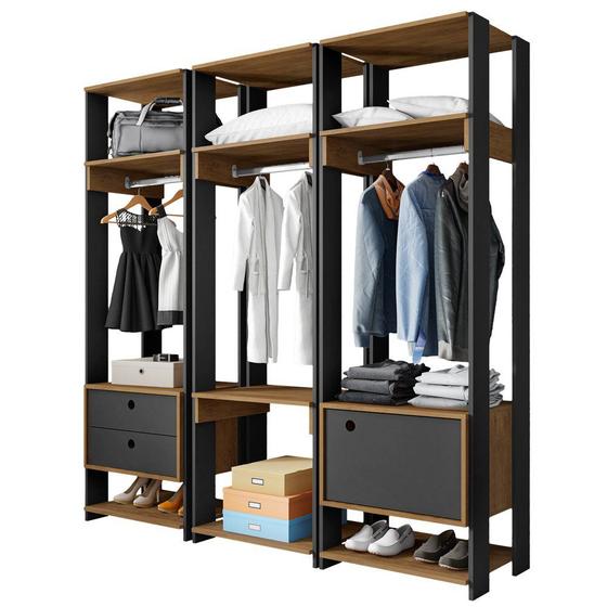 Imagem de Módulo Guarda Roupa Closet Casal 1 Porta 2 Gavetas Titan Preto Velluto/Freijó - Móveis Leão