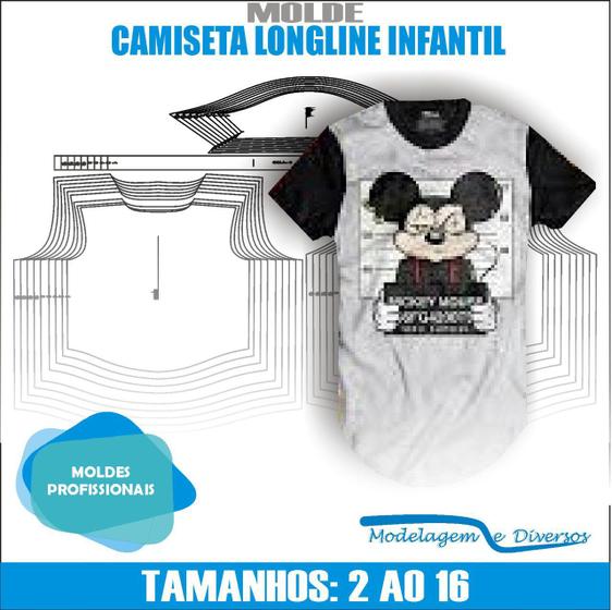 Imagem de Molde Camiseta Longline Infantil, Modelagem&Diversos, Tamanhos 2 Ao 16