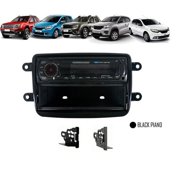 Imagem de Moldura De Painel 1 Din Renault Kwid Oroch Duster Sandero Logan Automatico 2012 Em Diante + Suportes De Fixação Laterais - Black Piano