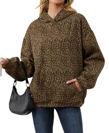 Imagem de Moletom com Capuz Leopardo Anoumcy Plus Size - Cáqui - Tamanho S