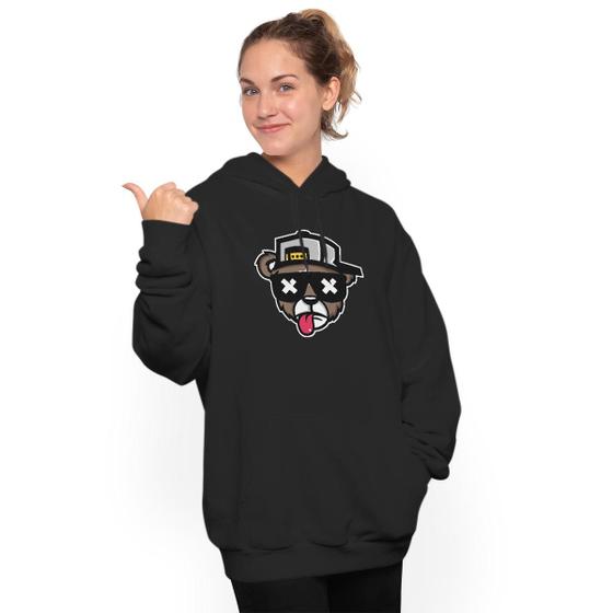 Imagem de Moletom feminino estampado ganguru flanelado com capuz urso bone bolado