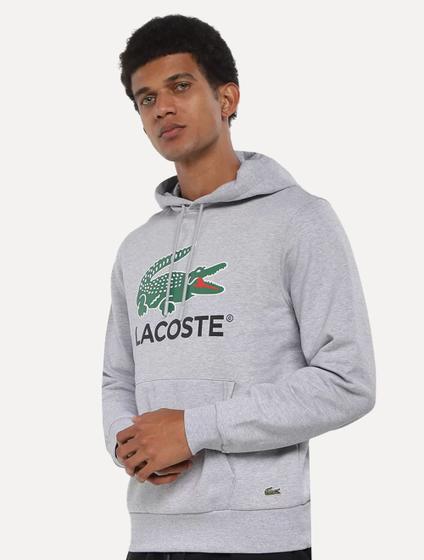 Imagem de Moletom Lacoste Masculino Hoodie Classic Fit Cotton Fleece Logo Cinza Mescla