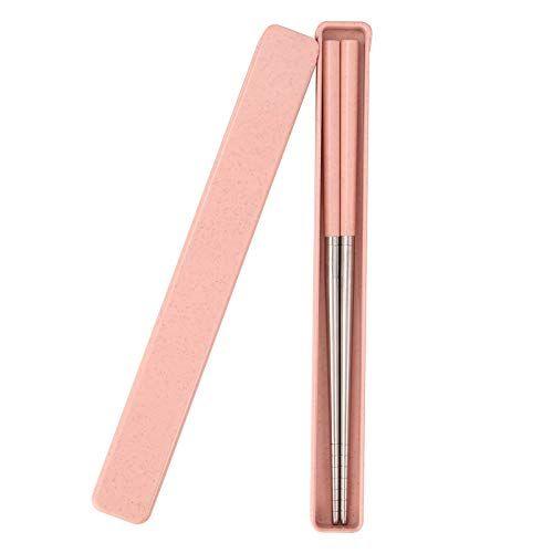 Imagem de Molizummy 1Pair Chopsticks portáteis com caixa de design de tração, pau de aço inoxidável de metal reutilizável com punho de palha de trigo para a escola, casa, escritório, ao ar livre, uso de caixa de Bento, lava-louças seguro (rosa)