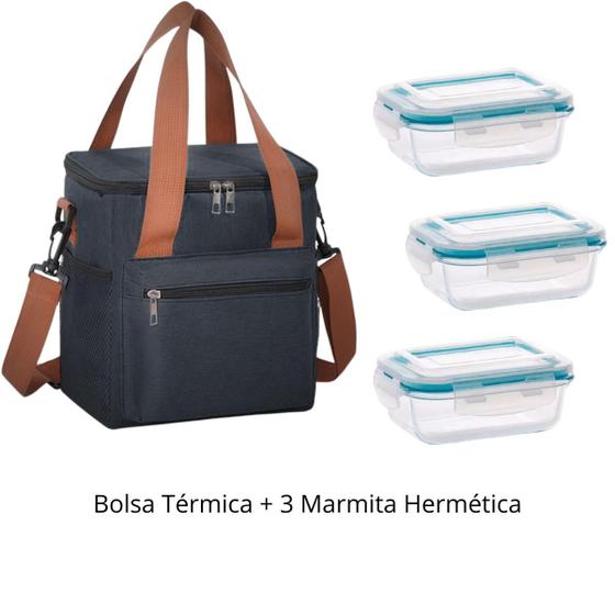 Imagem de MOMENT Bolsa Térmica 3 Compartimentos Preta + 3 Potes de Vidro 640 ML