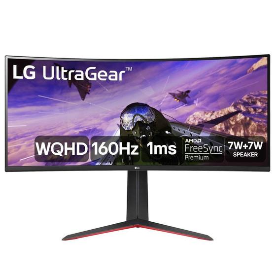 Monitor Gamer Curvo LG UltraGear 34", 2K WQHD, UltraWide, 160Hz, 1ms, FreeSync Premium, HDR10, Som Integrado - 34GP63A-B Imagem de Monitor Gamer Curvo LG UltraGear 34", 2K WQHD, UltraWide, 160Hz, 1ms, FreeSync Premium, HDR10, Som Integrado - 34GP63A-B