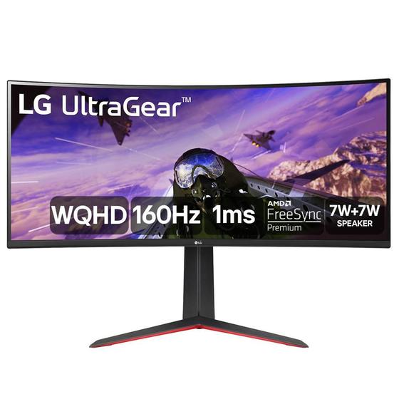 Imagem de Monitor Gamer LG UltraGear LG 34" Curvo LED WQHD, UltraWide, 160Hz, 1ms, DisplayPort e HDMI, AMD FreeSync Premium, HDR10, 99% sRGB - 34GP63A-B