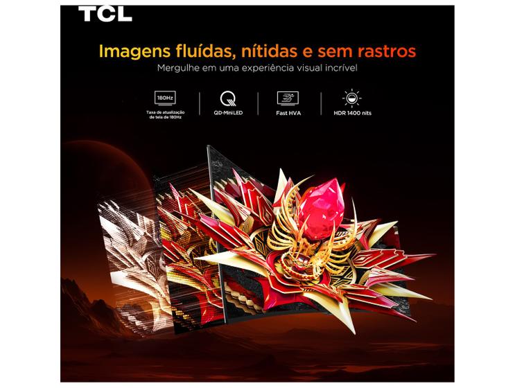 Publicidade do Monitor Gamer TCL, com gráficos abstratos e coloridos que representam as tecnologias 180Hz, QD-MiniLED, Fast HVA e HDR 1400 nits, e o slogan 'Imagens fluidas, nítidas e sem rastros'.