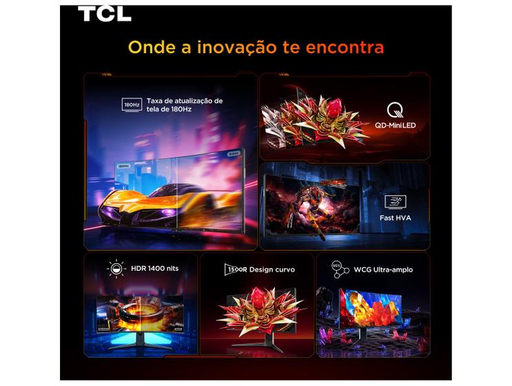 Montagem de imagens promocionais do Monitor TCL, destacando suas principais características como 180Hz, QD-MiniLED, Fast HVA, HDR 1400 nits, design curvo 1500R e WCG Ultra-amplo, com o título 'Onde a inovação te encontra'.
