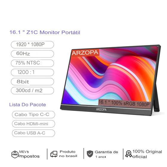 Imagem de Monitor Portail ARZOPA 16.1" Z1C SRGB 144Hz 1080P