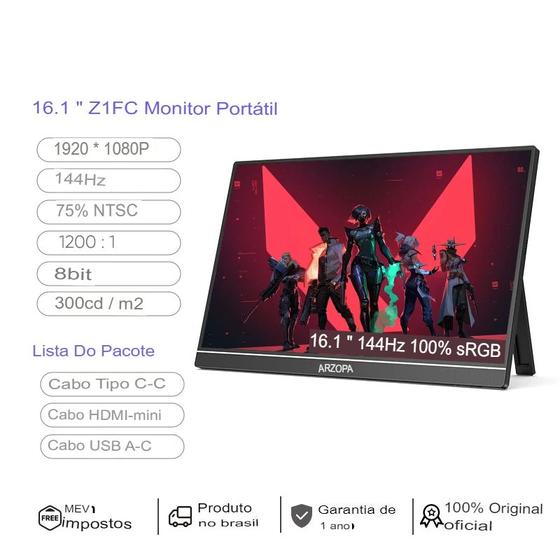 Imagem de Monitor Portatil ARZOPA 16.1" Z1FC SRGB 144Hz 1920x1080P