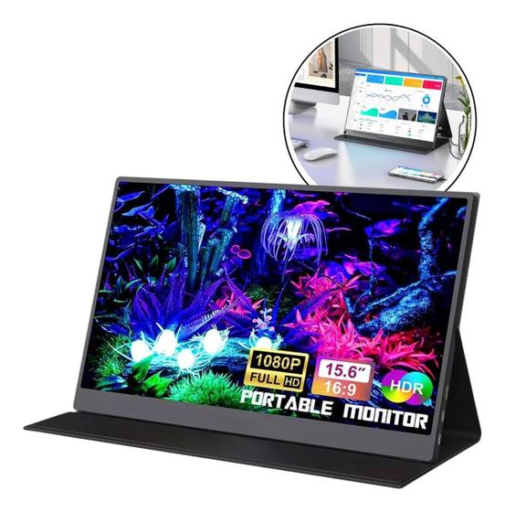 Imagem de Monitor Portátil Grasep 15,6" Full HD IPS HDR10 USB-C HDMI Leve Versátil Para Trabalho Estudos E Jogos