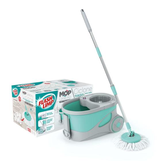 Imagem de Mop Ciclone Giratorio Cesto Inox Esfregao Microfibra com Puxador Flash Limp MOP7290