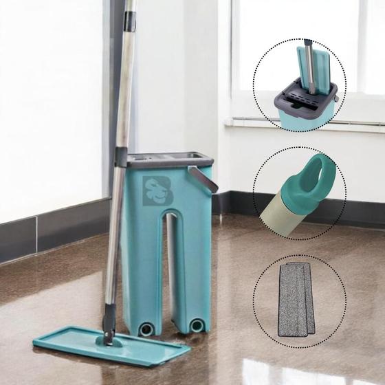 Imagem de Mop E Balde Lava E Seca Rodo Flat Profissional Com Tecido de Microfibra Absorvente Com 2 Refil