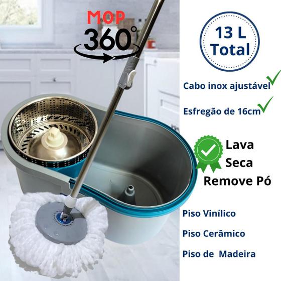 Imagem de Mop Esfregão Giratório Limpa Piso 13 L Inox Kit Refil Extra