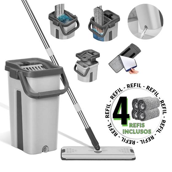 Imagem de Mop Flat Multiuso Lava e Seca 360º Balde Vertical 8 Litros com 4 Refis Extras de Microfibra