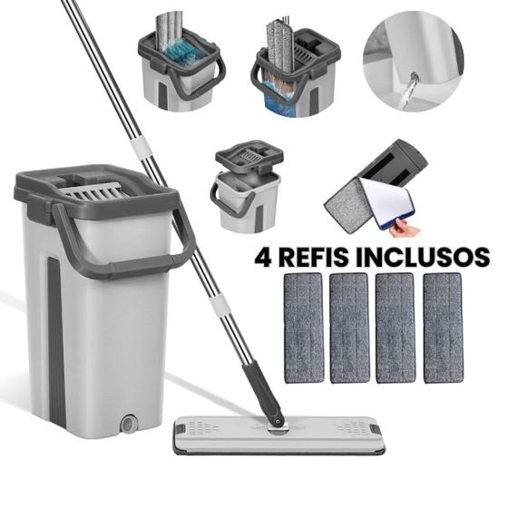 Imagem de Mop Flat Multiuso Lava e Seca 360º com Balde Vertical 8 Litros com 4 Refis Extras de Microfibra