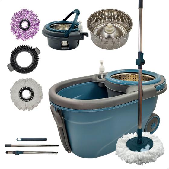 Mop Giratório Cesto Inox Com Rodas 16L 3 Refis Limpeza Esfregão INMA Esfreguette Cuidado da Casa