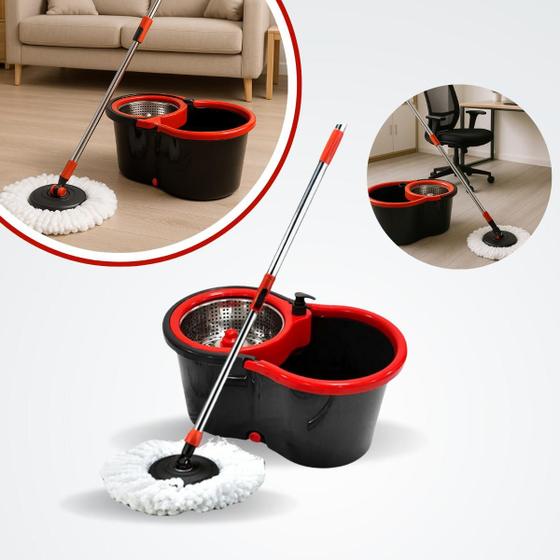 Imagem de Mop Giratório Pró com Centrífuga em Inox alta performance Vermelho e Cinza Com alça e rodas