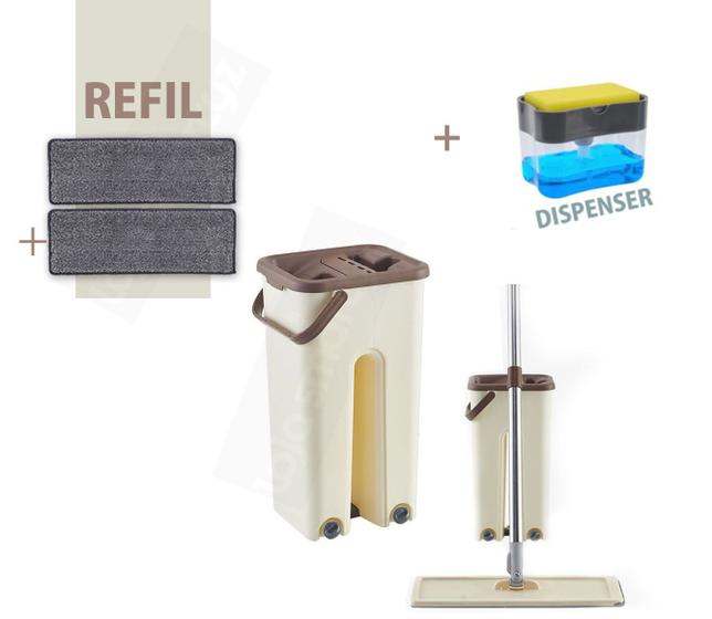 Imagem de Mop Rodo Flat Esfregão Wash Dry Tampinha Vazao De Agua + Dispenser + Refil Extra