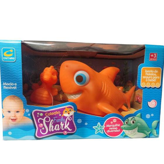 Imagem de Mordedor Brinquedo Boneco Tubarão Family Shark Sem Ftalatos Macio e Flexível - Laranja
