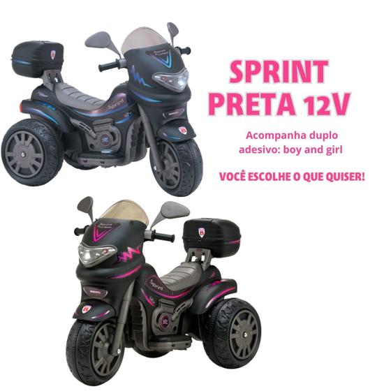 Imagem de Moto Elétrica Menino Menina 12V Sprint Turbo Preta c/ Capacete Bagageiro Infantil  Adesivo Rosa/Azul  Biemme